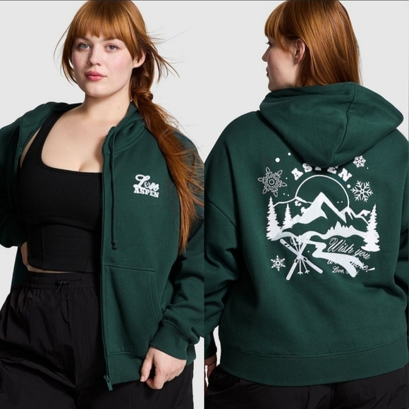 Plus Size XXL Victoria Secret PINK Fleece Campus Zip Hoodie Deep Forest Aspen - Picture 1 of 7